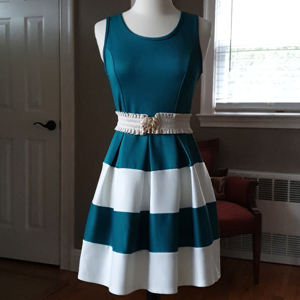 Céline Teal Emerald Green & White Pleated Dress